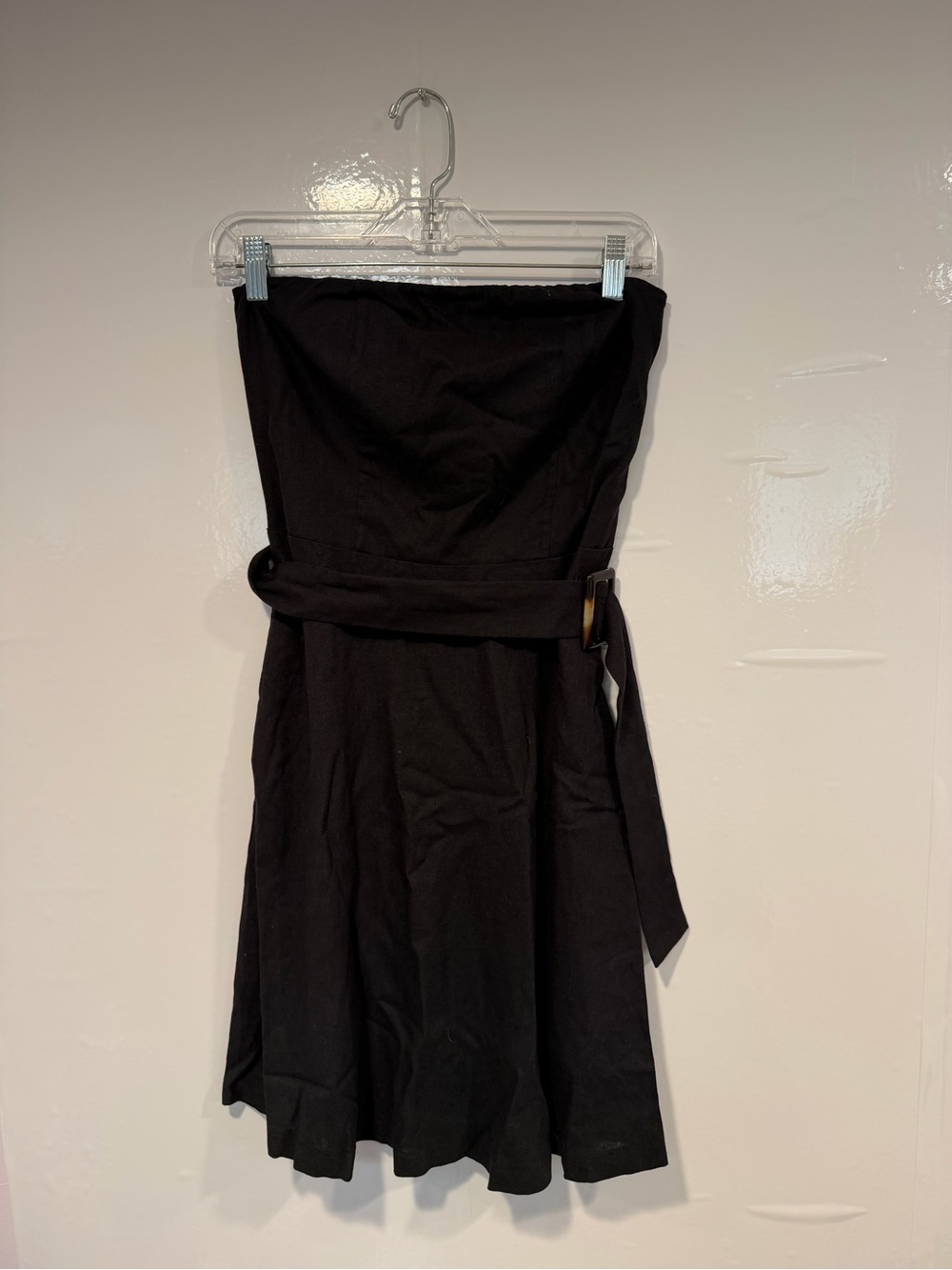 Strapless Linen Blend Monteau Los Angeles Black Belted A-Line Dress NWT